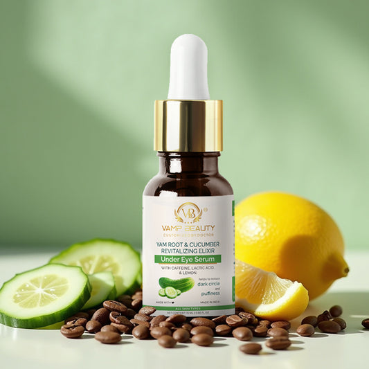 YAM ROOT & CUCUMBER REVITALIZING ELIXIR UNDER EYE SERUM WITH GOODNESS OF CAFFIENE, LACTIC ACID, LEMON