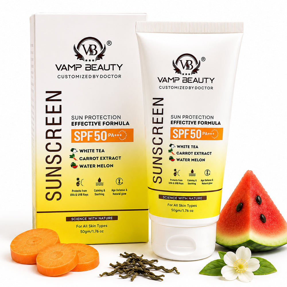 Sunscreen SPF 50 PA+++ with White Tea, Carrot Extract & Watermelon | Broad Spectrum UVA & UVB Protection | Lightweight & Non-Greasy Formula for All Skin Types | 50gm