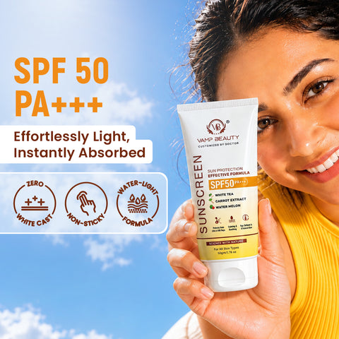 Sunscreen SPF 50 PA+++ with White Tea, Carrot Extract & Watermelon | Broad Spectrum UVA & UVB Protection | Lightweight & Non-Greasy Formula for All Skin Types | 50gm