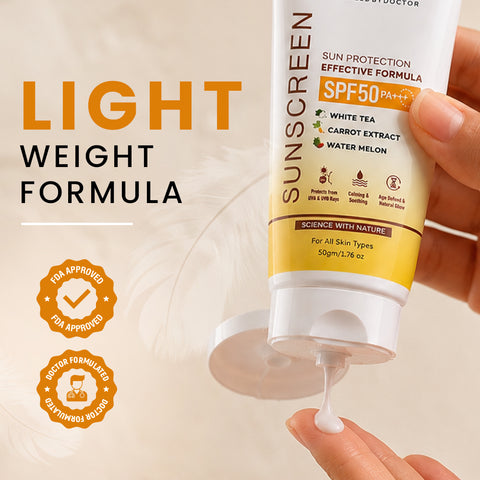 Sunscreen SPF 50 PA+++ with White Tea, Carrot Extract & Watermelon | Broad Spectrum UVA & UVB Protection | Lightweight & Non-Greasy Formula for All Skin Types | 50gm
