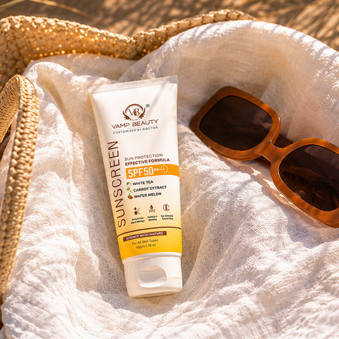 Sunscreen SPF 50 PA+++ with White Tea, Carrot Extract & Watermelon | Broad Spectrum UVA & UVB Protection | Lightweight & Non-Greasy Formula for All Skin Types | 50gm
